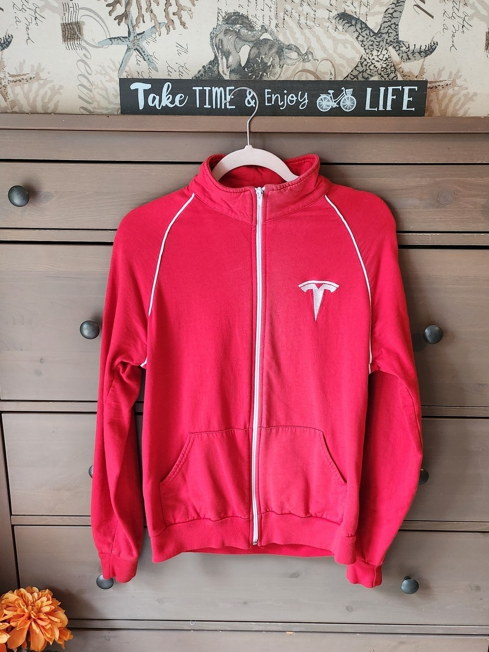 Tesla Red Lightweight Full-Zip Track Jacket with White Trim
